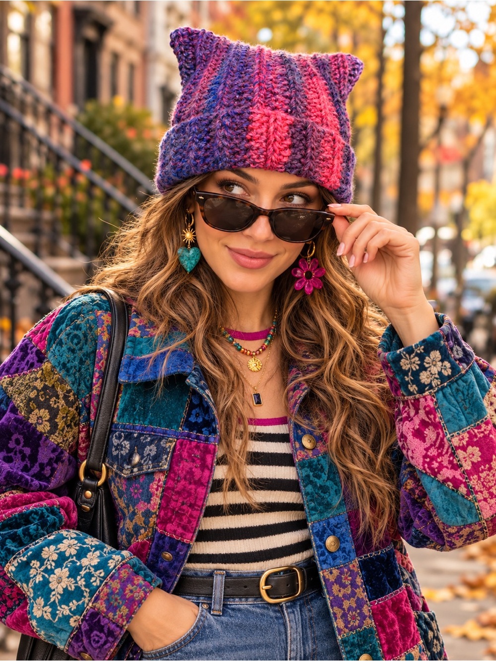 Handmade Purple & Pink Cat Ear Beanie | Chunky Knit Hat